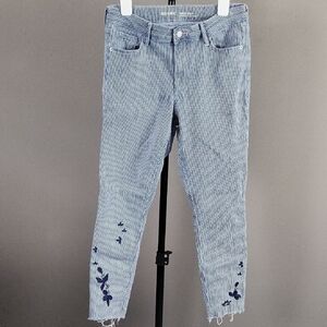 Old Navy Rockstar Striped Embroidered Mid Rise Ankle Raw Hem Jeans, Sz 10